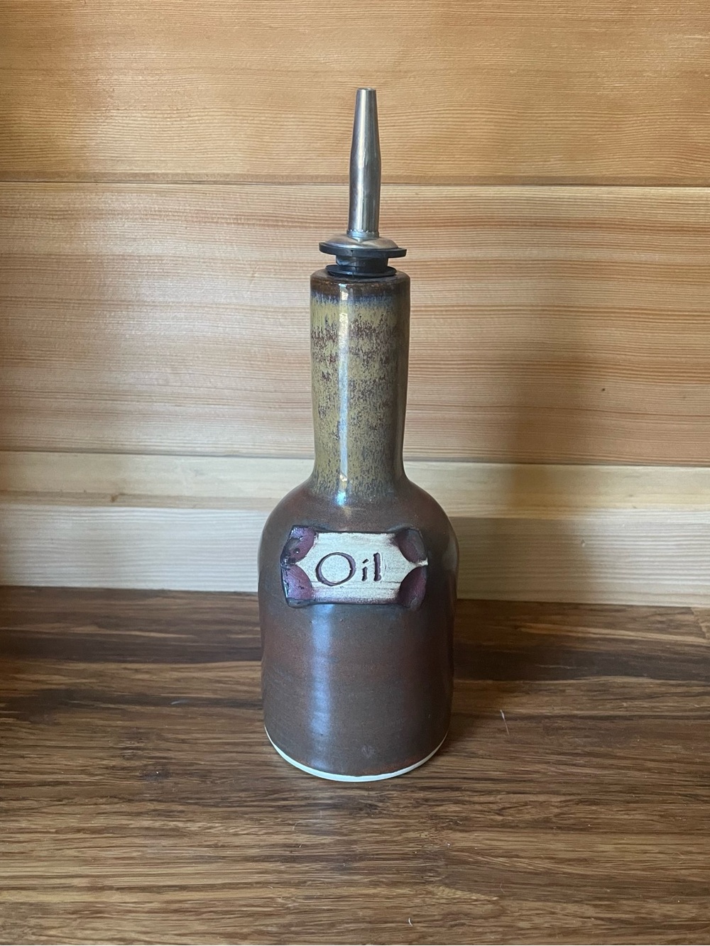 Handmade Ceramic Oil Pourer Bottle in Brown and Tan